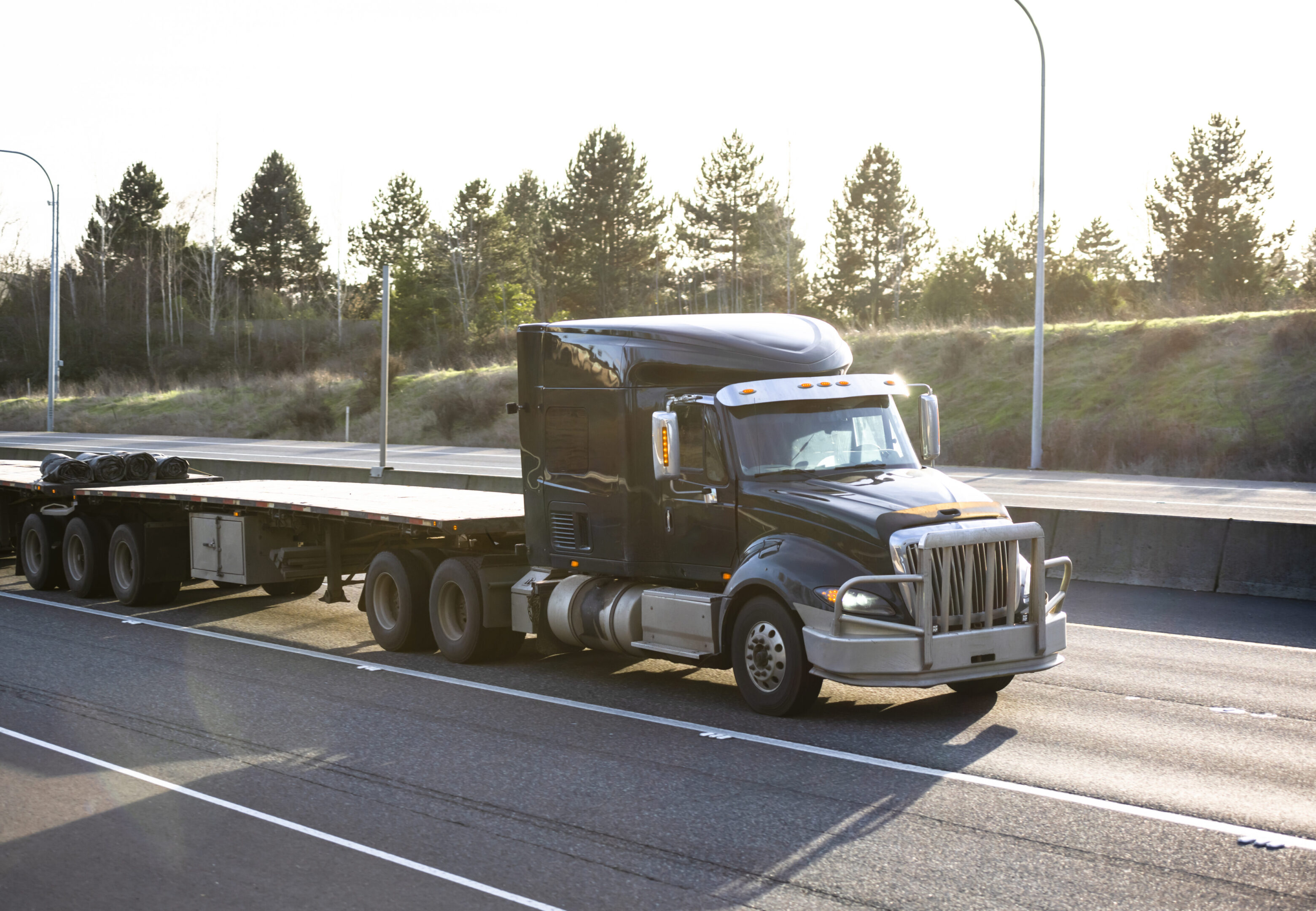 A blue semi-truck parked on a highway near trees.