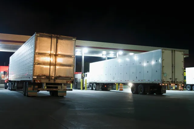Two large trailers parked at a well-lit loading dock at night.